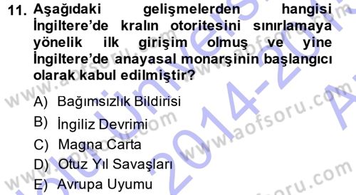 Siyaset Bilimi Dersi Ara Sınavı Deneme Sınav Soruları 11. Soru