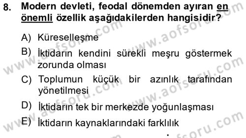 Siyaset Bilimi Dersi Ara Sınavı Deneme Sınav Soruları 8. Soru