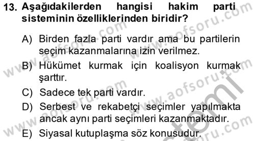 Siyaset Bilimi Dersi 2014 - 2015 Yılı (Final) Dönem Sonu Sınav Soruları 13. Soru
