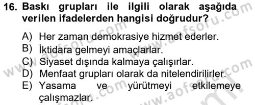 Siyaset Bilimi Dersi 2014 - 2015 Yılı Tek Ders Sınav Soruları 16. Soru