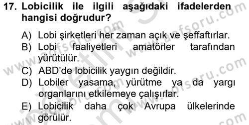 Siyaset Bilimi Dersi 2014 - 2015 Yılı Tek Ders Sınav Soruları 17. Soru