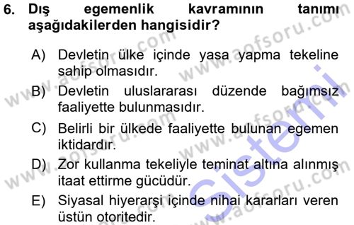 Siyaset Bilimi Dersi Ara Sınavı Deneme Sınav Soruları 6. Soru