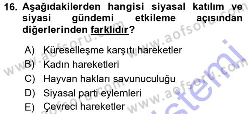 Siyaset Bilimi Dersi 2015 - 2016 Yılı (Final) Dönem Sonu Sınav Soruları 16. Soru