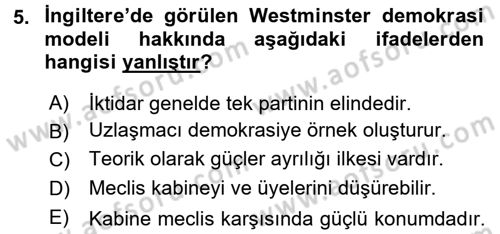 Siyaset Bilimi Dersi 2015 - 2016 Yılı (Final) Dönem Sonu Sınav Soruları 5. Soru