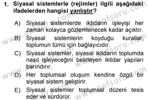 Siyaset Bilimi Dersi 2015 - 2016 Yılı Tek Ders Sınav Soruları 1. Soru