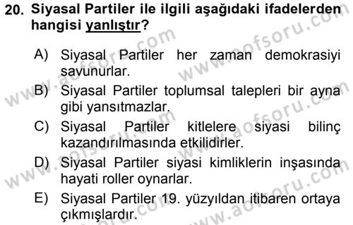 Siyaset Bilimi Dersi 2015 - 2016 Yılı Tek Ders Sınav Soruları 20. Soru
