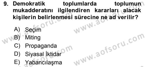 Siyaset Bilimi Dersi 2015 - 2016 Yılı Tek Ders Sınav Soruları 9. Soru