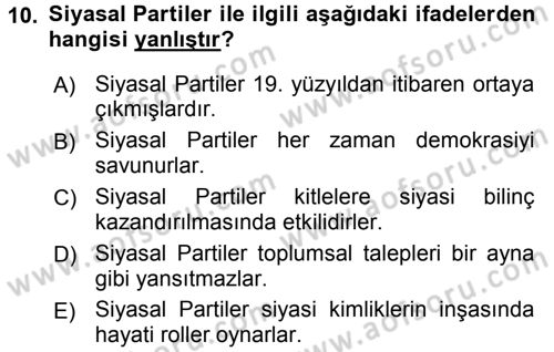 Siyaset Bilimi Dersi 2016 - 2017 Yılı 3 Ders Sınav Soruları 10. Soru