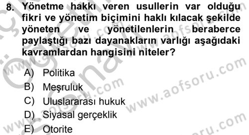 Siyaset Bilimi Dersi 2016 - 2017 Yılı 3 Ders Sınav Soruları 8. Soru