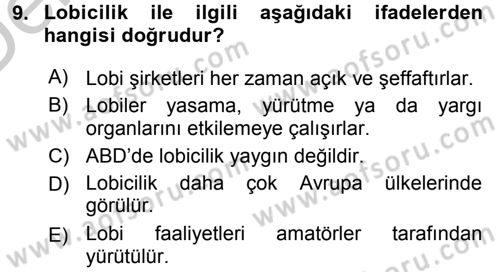 Siyaset Bilimi Dersi 2016 - 2017 Yılı 3 Ders Sınav Soruları 9. Soru