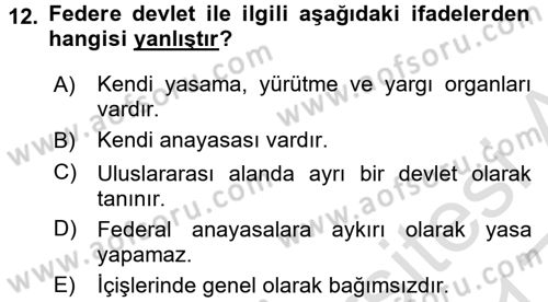 Siyaset Bilimi Dersi Ara Sınavı Deneme Sınav Soruları 12. Soru
