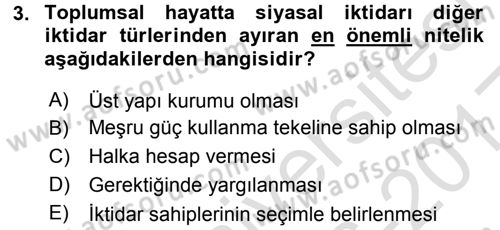 Siyaset Bilimi Dersi 2016 - 2017 Yılı (Vize) Ara Sınavı 3. Soru