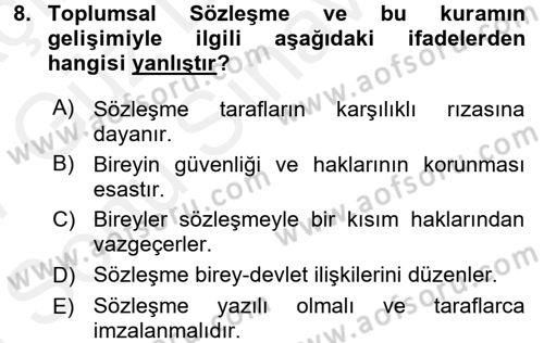 Siyaset Bilimi Dersi 2016 - 2017 Yılı (Final) Dönem Sonu Sınav Soruları 8. Soru