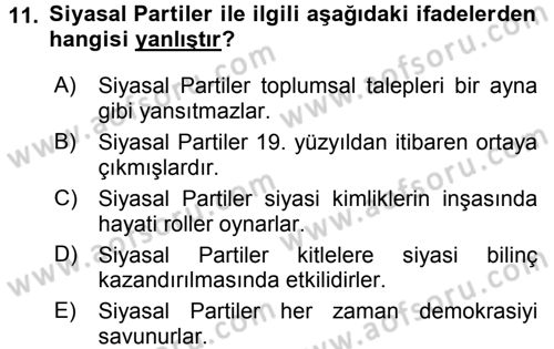 Siyaset Bilimi Dersi 2017 - 2018 Yılı 3 Ders Sınav Soruları 11. Soru