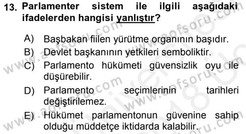 Siyaset Bilimi Dersi 2017 - 2018 Yılı 3 Ders Sınav Soruları 13. Soru