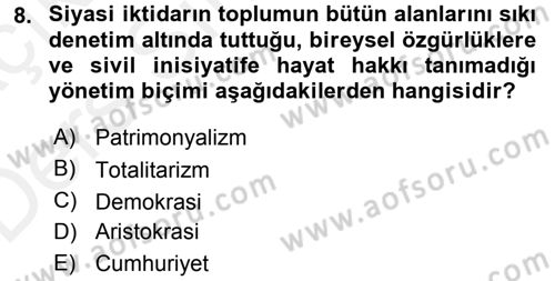 Siyaset Bilimi Dersi 2017 - 2018 Yılı 3 Ders Sınav Soruları 8. Soru