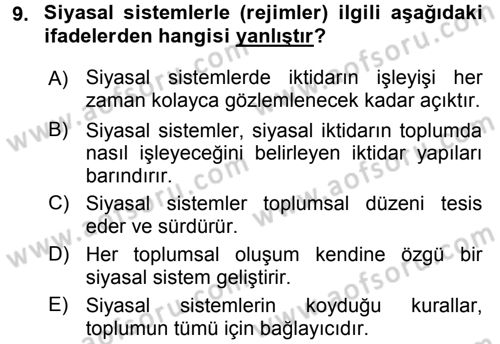 Siyaset Bilimi Dersi 2017 - 2018 Yılı 3 Ders Sınav Soruları 9. Soru