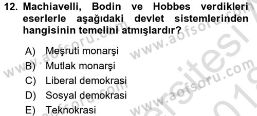 Siyaset Bilimi Dersi Ara Sınavı Deneme Sınav Soruları 12. Soru