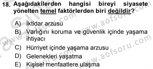 Siyaset Bilimi Dersi 2017 - 2018 Yılı (Vize) Ara Sınav Soruları 18. Soru