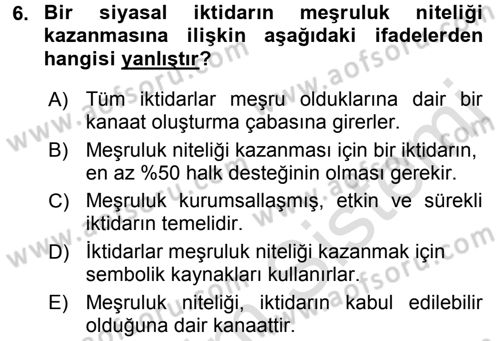 Siyaset Bilimi Dersi Ara Sınavı Deneme Sınav Soruları 6. Soru