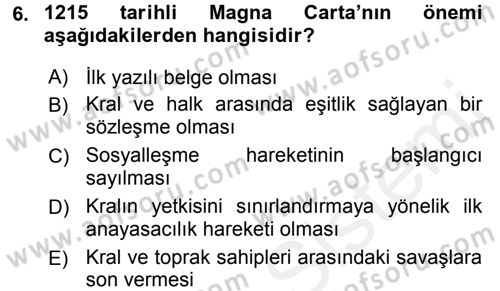 Siyaset Bilimi Dersi 2017 - 2018 Yılı (Final) Dönem Sonu Sınav Soruları 6. Soru