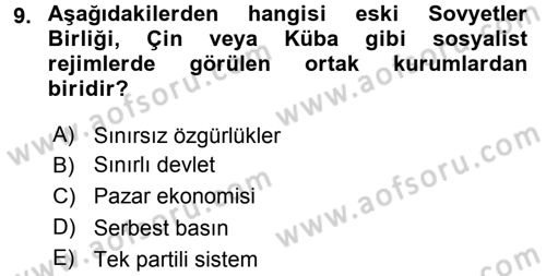 Siyaset Bilimi Dersi 2017 - 2018 Yılı (Final) Dönem Sonu Sınav Soruları 9. Soru