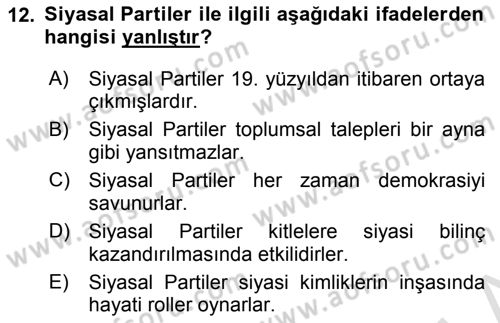 Siyaset Bilimi Dersi 2018 - 2019 Yılı 3 Ders Sınav Soruları 12. Soru