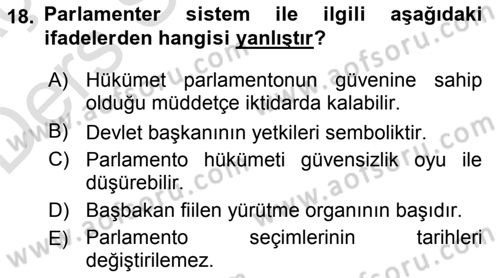 Siyaset Bilimi Dersi 2018 - 2019 Yılı 3 Ders Sınav Soruları 18. Soru