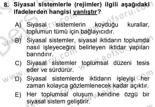 Siyaset Bilimi Dersi 2018 - 2019 Yılı 3 Ders Sınav Soruları 8. Soru