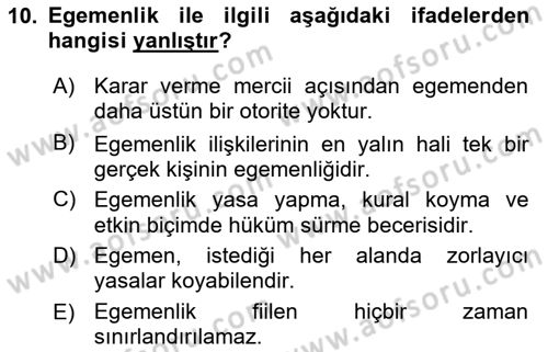 Siyaset Bilimi Dersi 2018 - 2019 Yılı (Vize) Ara Sınav Soruları 10. Soru