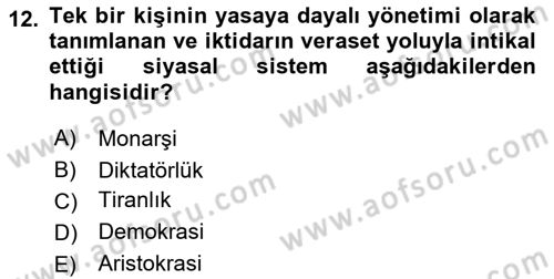 Siyaset Bilimi Dersi Ara Sınavı Deneme Sınav Soruları 12. Soru