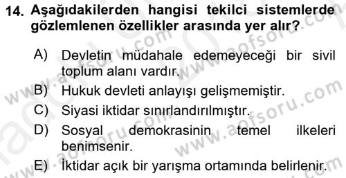 Siyaset Bilimi Dersi 2018 - 2019 Yılı (Vize) Ara Sınav Soruları 14. Soru