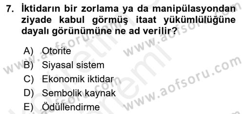 Siyaset Bilimi Dersi 2018 - 2019 Yılı (Vize) Ara Sınav Soruları 7. Soru