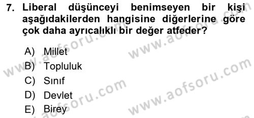 Siyaset Bilimi Dersi 2018 - 2019 Yılı (Final) Dönem Sonu Sınav Soruları 7. Soru