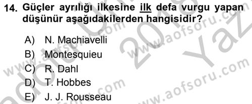 Siyaset Bilimi Dersi 2018 - 2019 Yılı Yaz Okulu Sınav Soruları 14. Soru