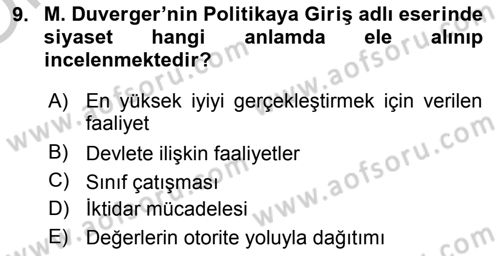 Siyaset Bilimi Dersi 2018 - 2019 Yılı Yaz Okulu Sınav Soruları 9. Soru