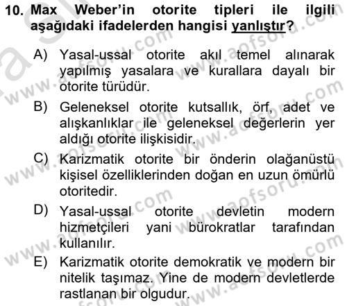 Siyaset Bilimi Dersi 2019 - 2020 Yılı (Vize) Ara Sınav Soruları 10. Soru