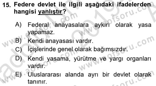 Siyaset Bilimi Dersi 2019 - 2020 Yılı (Vize) Ara Sınav Soruları 15. Soru