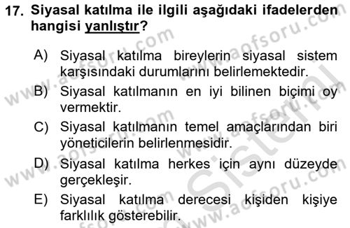 Siyaset Bilimi Dersi 2019 - 2020 Yılı (Vize) Ara Sınav Soruları 17. Soru