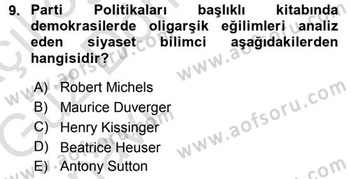 Siyaset Bilimi Dersi 2019 - 2020 Yılı (Vize) Ara Sınav Soruları 9. Soru
