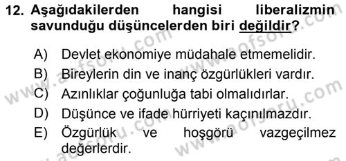 Siyaset Bilimi Dersi 2019 - 2020 Yılı (Final) Dönem Sonu Sınav Soruları 12. Soru