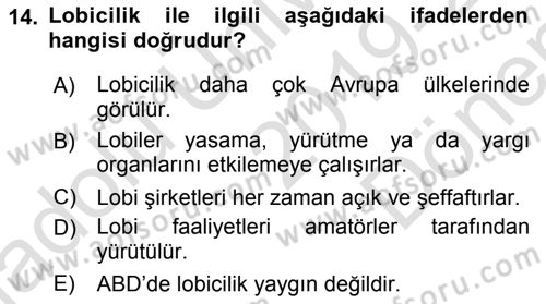 Siyaset Bilimi Dersi 2019 - 2020 Yılı (Final) Dönem Sonu Sınav Soruları 14. Soru