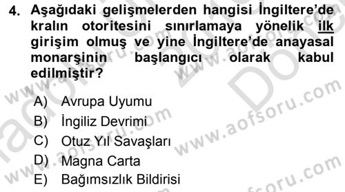 Siyaset Bilimi Dersi 2019 - 2020 Yılı (Final) Dönem Sonu Sınav Soruları 4. Soru