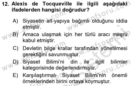 Siyaset Bilimi Dersi 2020 - 2021 Yılı Yaz Okulu Sınav Soruları 12. Soru