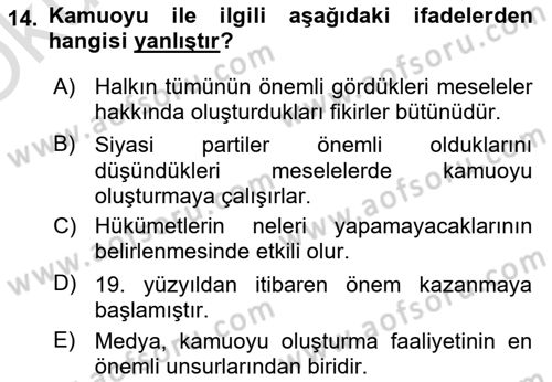 Siyaset Bilimi Dersi 2020 - 2021 Yılı Yaz Okulu Sınav Soruları 14. Soru