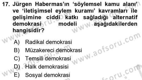 Siyaset Bilimi Dersi 2020 - 2021 Yılı Yaz Okulu Sınav Soruları 17. Soru