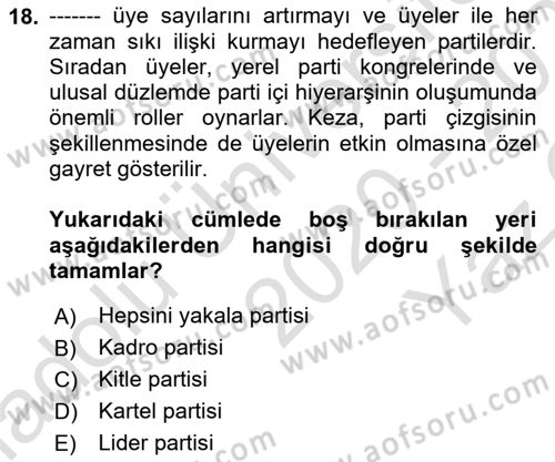 Siyaset Bilimi Dersi 2020 - 2021 Yılı Yaz Okulu Sınav Soruları 18. Soru