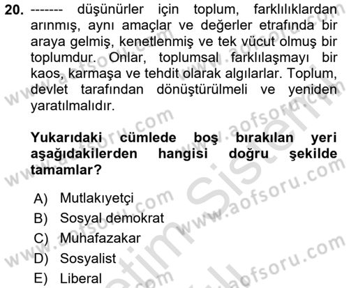 Siyaset Bilimi Dersi 2020 - 2021 Yılı Yaz Okulu Sınav Soruları 20. Soru