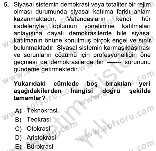 Siyaset Bilimi Dersi 2020 - 2021 Yılı Yaz Okulu Sınav Soruları 5. Soru