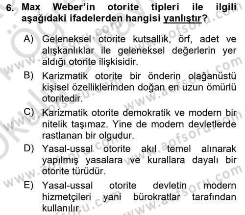 Siyaset Bilimi Dersi 2020 - 2021 Yılı Yaz Okulu Sınav Soruları 6. Soru